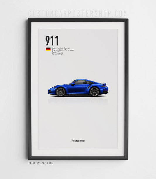 Porsche 911 Turbo S 992.2 minimalist poster print side profile modern automotive wall art