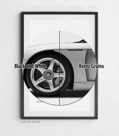 Black-and-white version of the remastered Porsche Carrera GT “Over 23,000 racing victories” print ad poster in side profile.