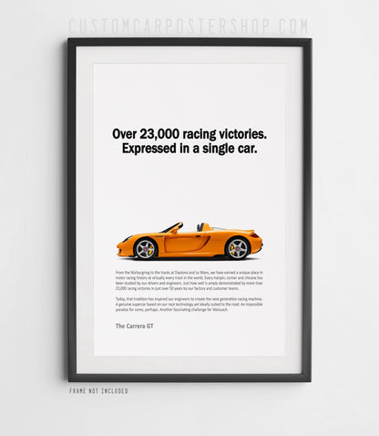 Remastered Porsche Carrera GT “Over 23,000 racing victories” print ad poster featuring an orange open-top supercar in side profile.