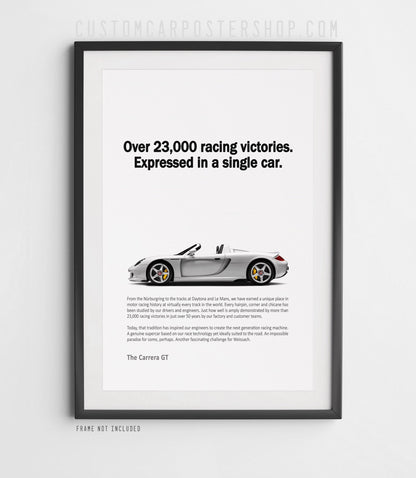 Remastered Porsche Carrera GT “Over 23,000 racing victories” print ad poster featuring a silver open-top supercar in side profile.