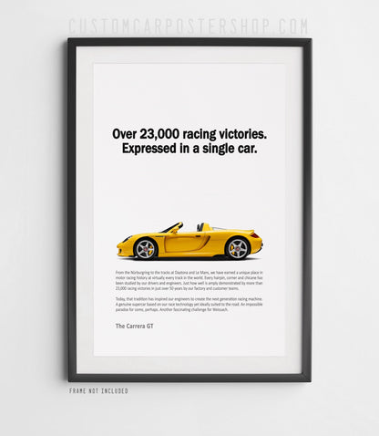Remastered Porsche Carrera GT “Over 23,000 racing victories” print ad poster featuring a yellow open-top supercar in side profile.