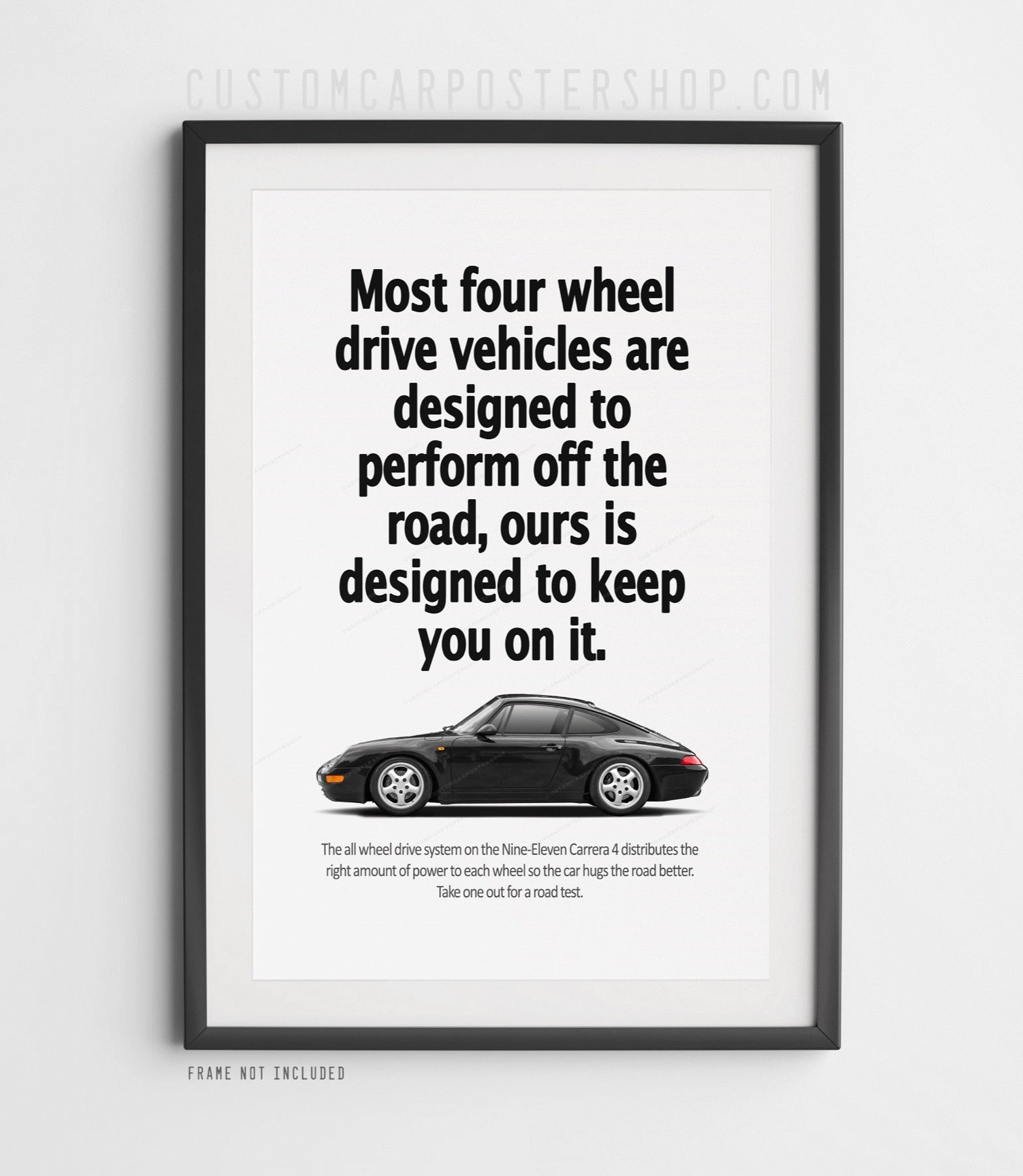 Porsche 993 Carrera 4 poster – remastered “Keep You on the Road” print ad reproduction. Classic Porsche 911 wall art for collectors and enthusiasts.
