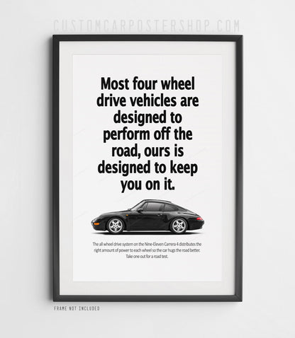 Porsche 993 Carrera 4 poster – remastered “Keep You on the Road” print ad reproduction. Classic Porsche 911 wall art for collectors and enthusiasts.