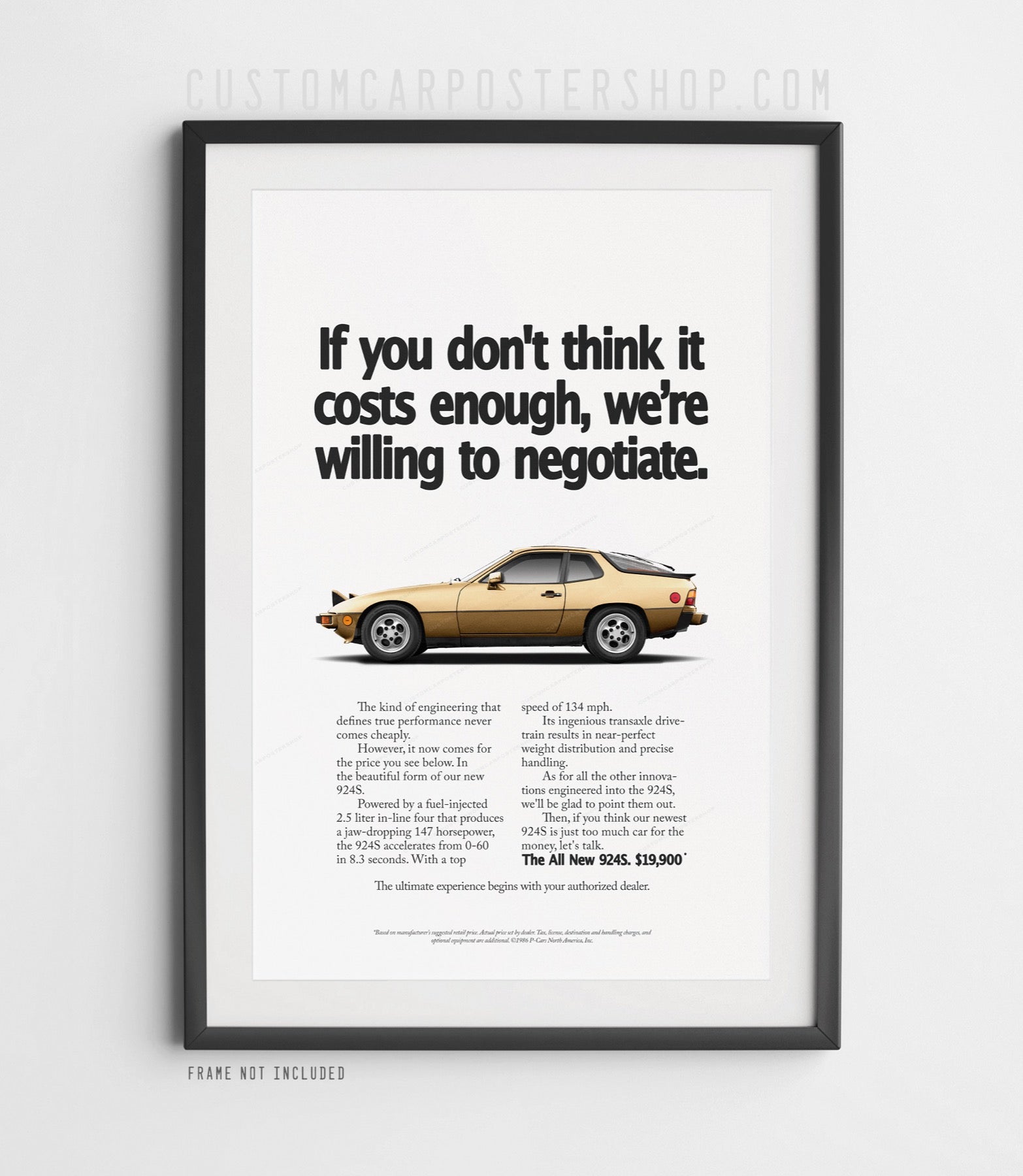 Remastered Porsche 924 S “Negotiate” vintage print ad poster, featuring the iconic slogan with popup headlights option, classic Porsche wall art.