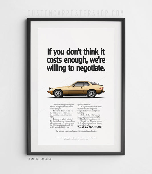 Remastered Porsche 924 S “Negotiate” vintage print ad poster, featuring the iconic slogan with popup headlights option, classic Porsche wall art.