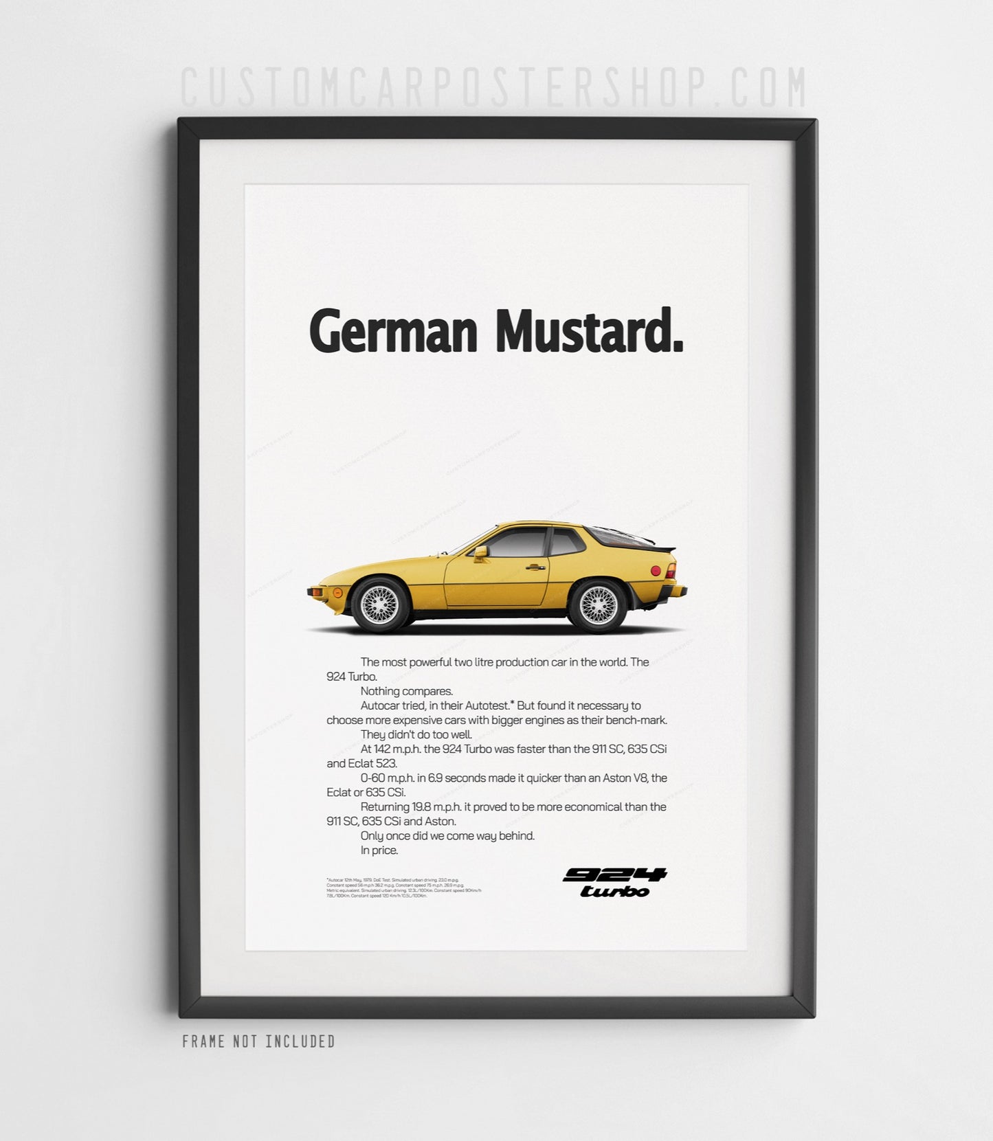 Remastered Porsche 924 Turbo German Mustard print ad poster – vintage Porsche 1980s advertisement reproduction, minimalist wall art.