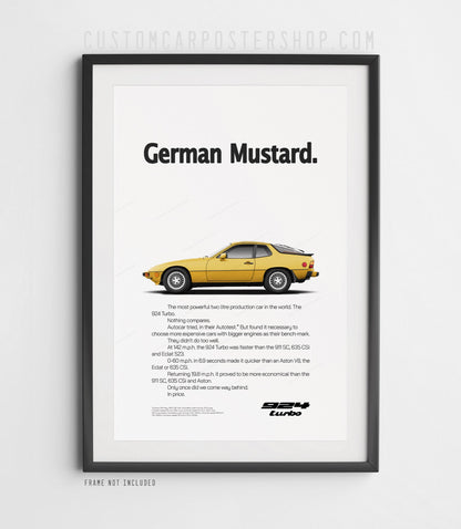Remastered Porsche 924 Turbo German Mustard print ad poster – vintage Porsche 1980s advertisement reproduction, minimalist wall art.