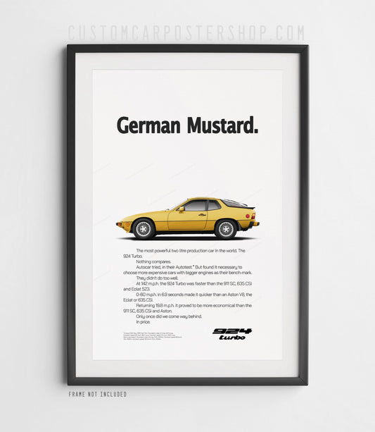 Remastered Porsche 924 Turbo German Mustard print ad poster – vintage Porsche 1980s advertisement reproduction, minimalist wall art.