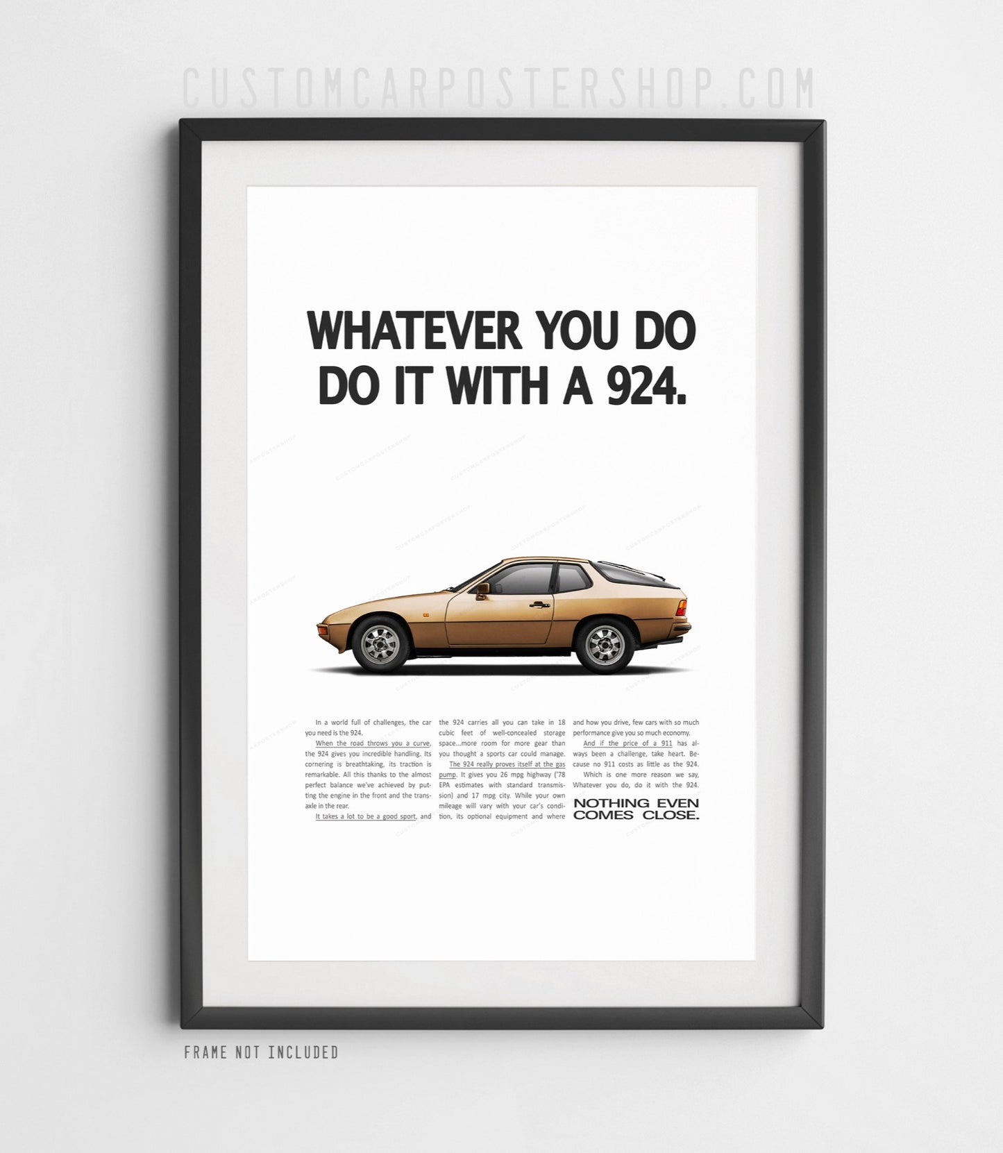 Porsche 924 poster – remastered “Whatever You Do” classic print ad featuring the original Porsche 924 coupe in silver, minimalist vintage wall art.