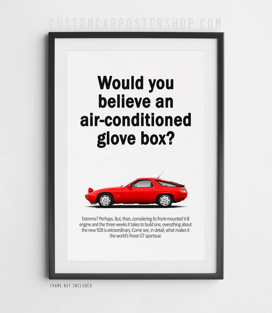 Guards Red Porsche 928 “Air Conditioned Glovebox” vintage ad poster with pop-up or closed headlights. Perfect wall art for Porsche fans, collectors, and car lovers.