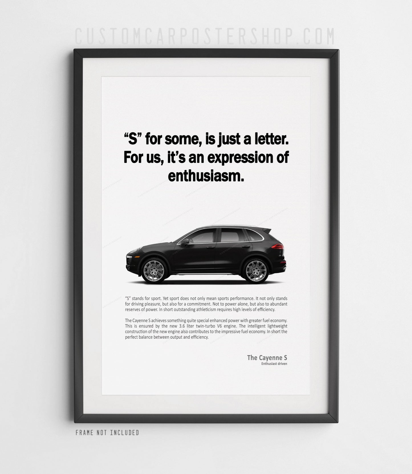 Porsche Cayenne S 2015–2018 print ad poster with “S for some is just a letter” headline and black SUV side profile