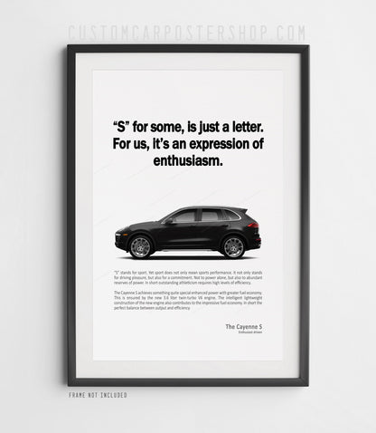 Porsche Cayenne S 2015–2018 print ad poster with “S for some is just a letter” headline and black SUV side profile