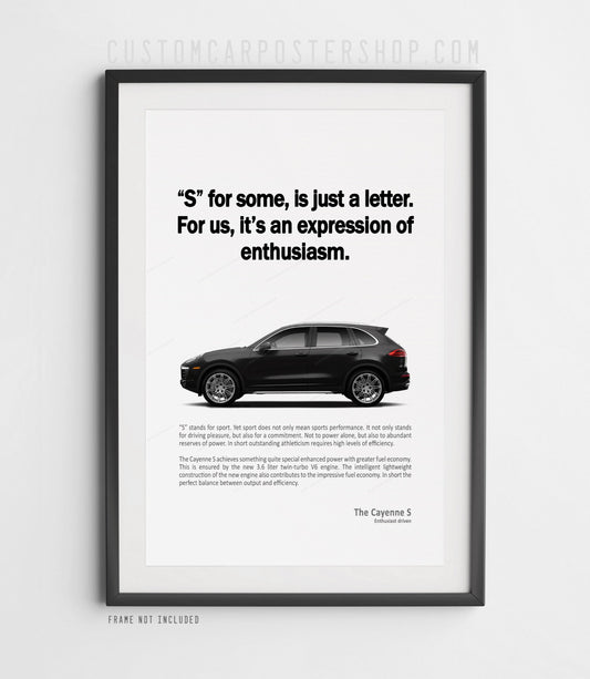 Porsche Cayenne S 2015–2018 print ad poster with “S for some is just a letter” headline and black SUV side profile