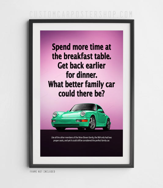 Vibrant green Porsche 964 coupe displayed on a pink retro advertising poster with bold black typography and minimalist automotive artwork.