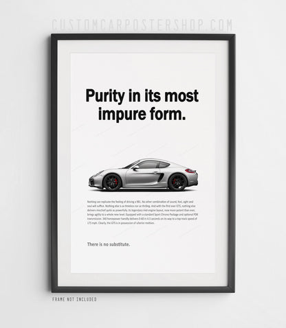 Remastered Porsche 981 Cayman GTS print ad poster with “Purity in its most impure form” quote – high-quality wall art for garage, man cave, or Porsche enthusiasts.