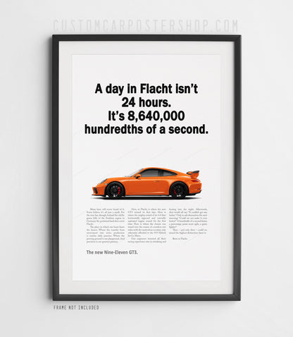Porsche 911 GT3 991.2 “Born in Flacht” print ad poster featuring Flacht quote – minimalist wall art for Porsche fans, office or garage décor