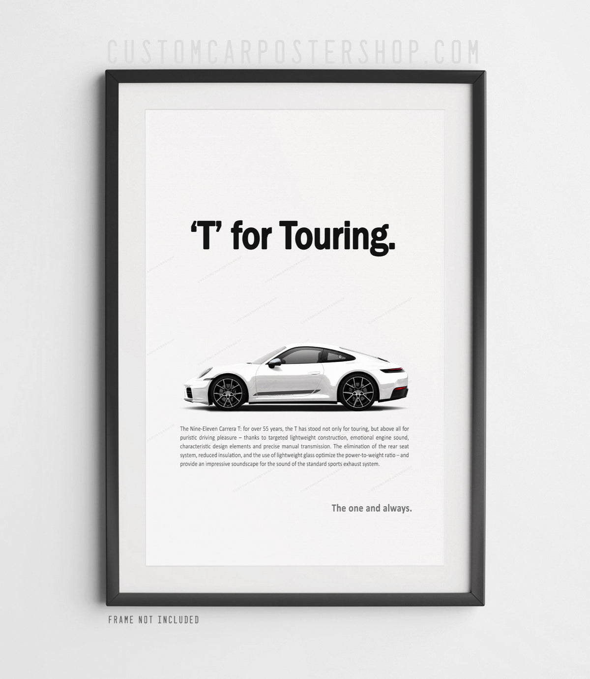Porsche 992.2 911 Carrera T in side profile on a minimalist “T for Touring” remastered automotive print, available in multiple colour options.