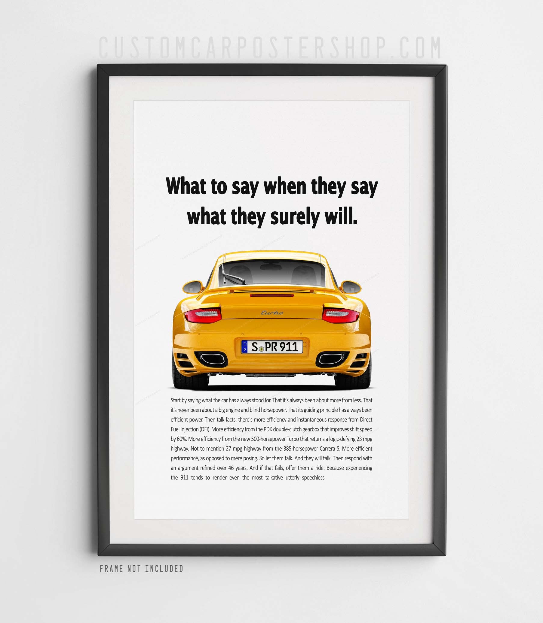 High-resolution Porsche 997.2 911 Turbo poster with rear perspective and original “What to Say” headline.