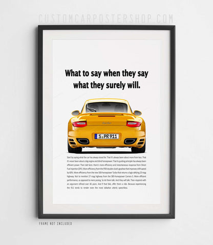 High-resolution Porsche 997.2 911 Turbo poster with rear perspective and original “What to Say” headline.