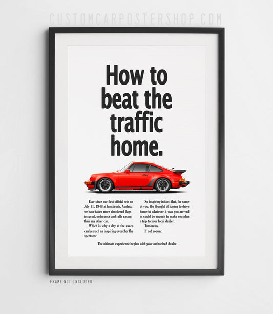 Porsche 964 Turbo Retro Print Ad Poster - How to beat the traffic home.