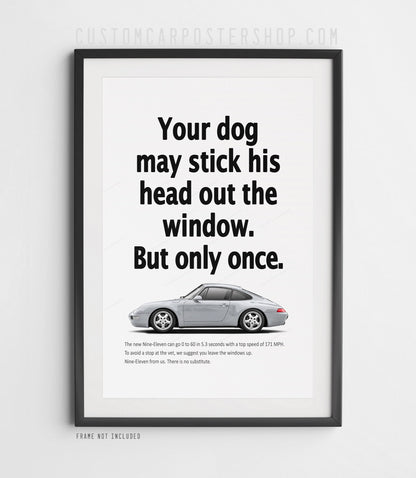 Porsche 911 Carrera (993) retro ad poster “Head Out the Window” in Silver, featuring the air-cooled 911 in side profile, shown in a black frame mock-up.