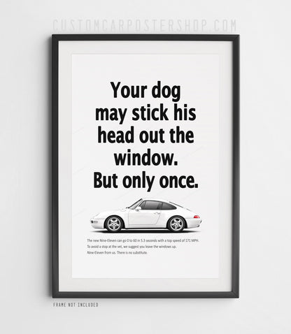 Porsche 911 Carrera (993) retro ad poster “Head Out the Window” in White, featuring the air-cooled 911 in side profile, shown in a black frame mock-up.