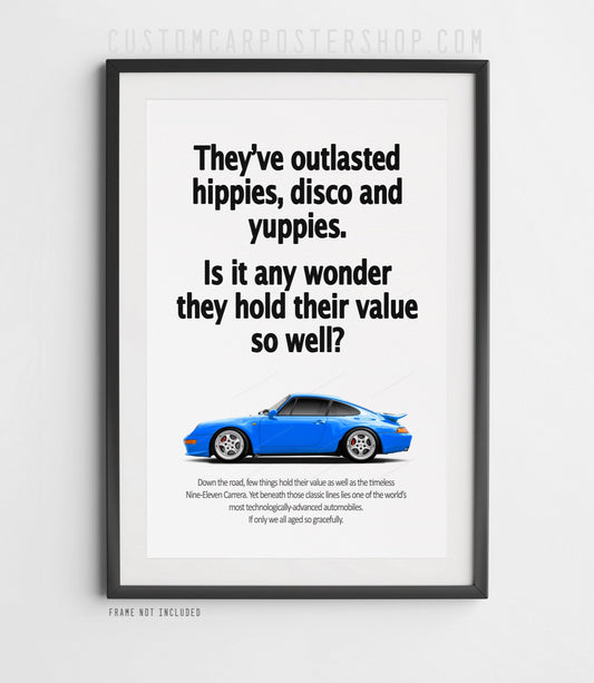 Porsche 911 Carrera RS (993) Vintage Ad - Hippies Poster in a frame