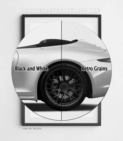 Black-and-white edition of the ‘Power of What’s Essential’ Porsche 911 Carrera GTS Cabriolet (991.1) print ad, car in side profile.