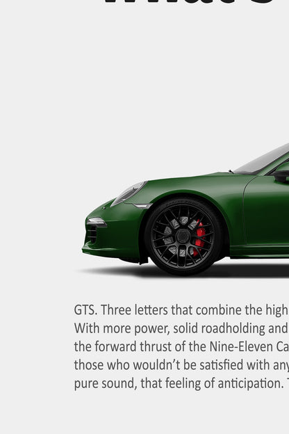 Close-up of the Porsche 911 Carrera GTS Cabriolet ‘Power of What’s Essential’ ad: green front end, black centre-lock wheel, red calliper and body copy.