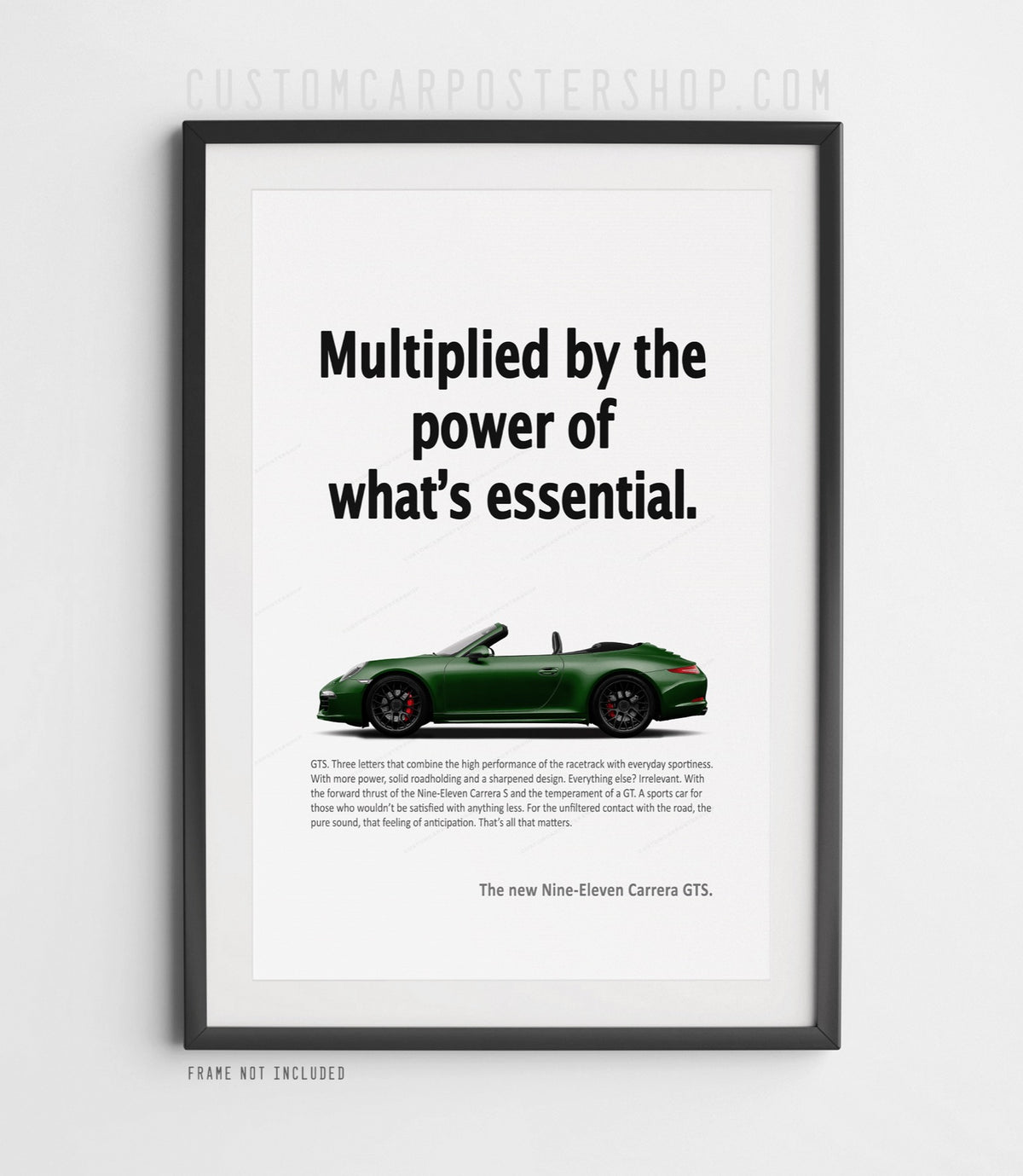 Green Porsche 911 Carrera GTS Cabriolet (991.1) side view on the ‘Power of What’s Essential’ remastered advertisement art print.