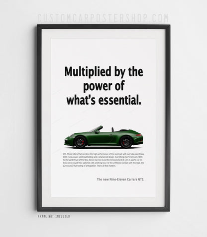 Green Porsche 911 Carrera GTS Cabriolet (991.1) side view on the ‘Power of What’s Essential’ remastered advertisement art print.