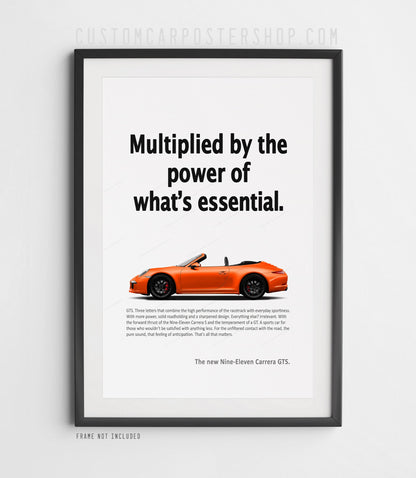 Remastered ‘Power of What’s Essential’ print ad showing an orange 991.1 Carrera GTS Cabriolet in side profile.