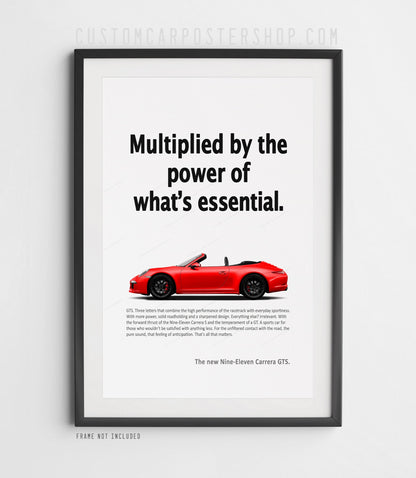 Red Porsche 911 Carrera GTS Cabriolet (991.1) in profile on the ‘Power of What’s Essential’ framed retro print ad.