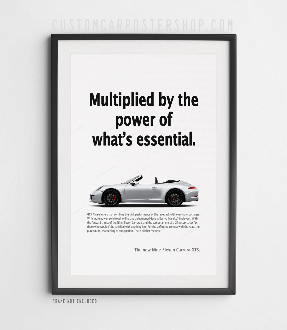 Silver Porsche 911 Carrera GTS Cabriolet (991.1) side profile on the remastered ‘Power of What’s Essential’ print advertisement.