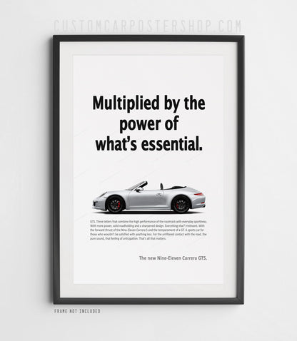 Silver Porsche 911 Carrera GTS Cabriolet (991.1) side profile on the remastered ‘Power of What’s Essential’ print advertisement.