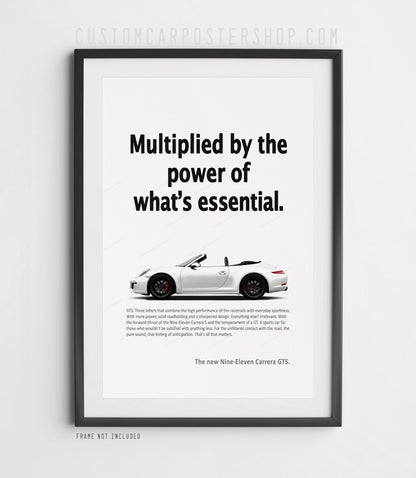 ‘Power of What’s Essential’ retro Porsche ad poster with a white 991.1 Carrera GTS Cabriolet captured in side profile.