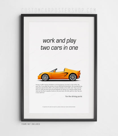 Lotus Elise classic print ad poster featuring yellow convertible sports car with top down and vintage ad text – perfect wall art for Lotus enthusiasts and car lovers.