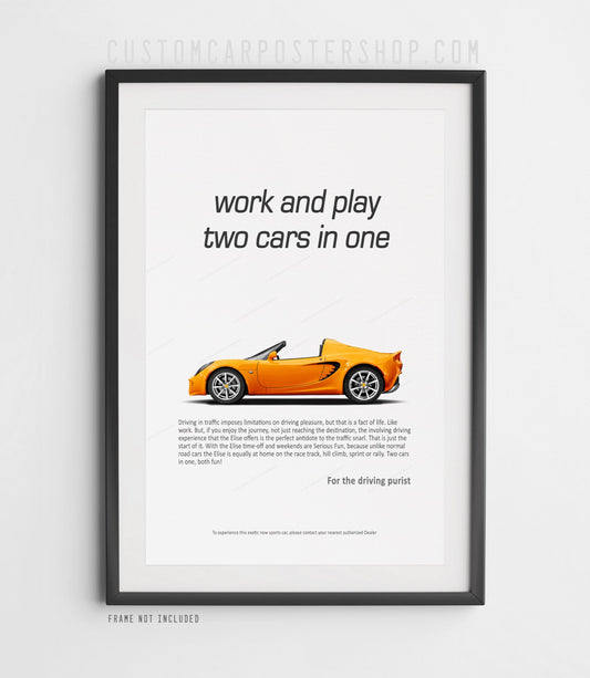 Lotus Elise classic print ad poster featuring yellow convertible sports car with top down and vintage ad text – perfect wall art for Lotus enthusiasts and car lovers.