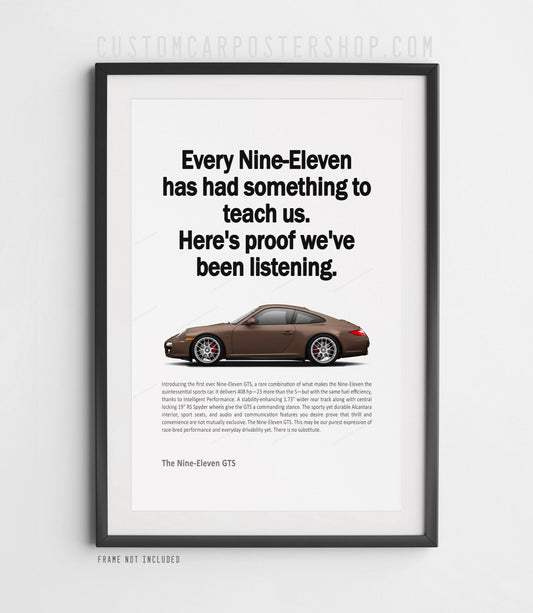 Minimalist Porsche 911 Carrera GTS wall art featuring a silver 997.2 coupe beneath bold “Proof we’ve been listening” advertising copy.