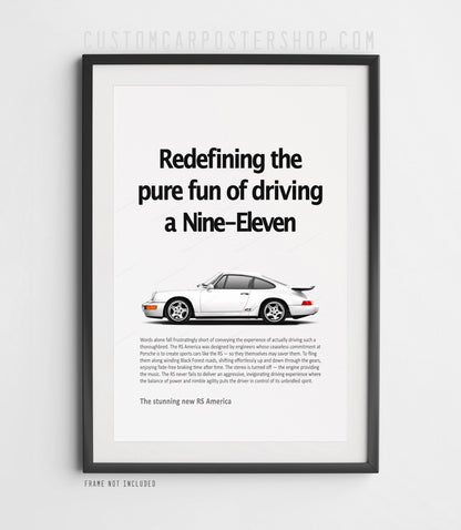 White Porsche 964 911 RS America retro ad poster Featuring “Redefining the pure fun of driving a 911” headline.