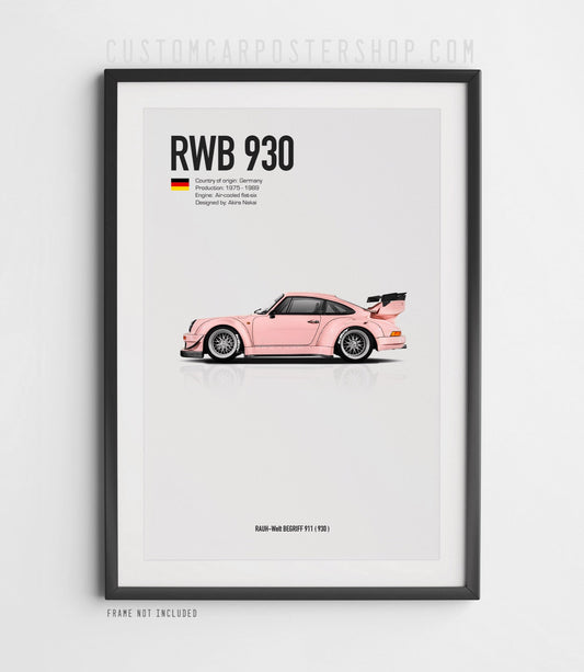 RWB Porsche 911 (930) widebody poster – Rauh-Welt Begriff custom car wall art print with low stance and flared arches, perfect for Porsche enthusiasts.