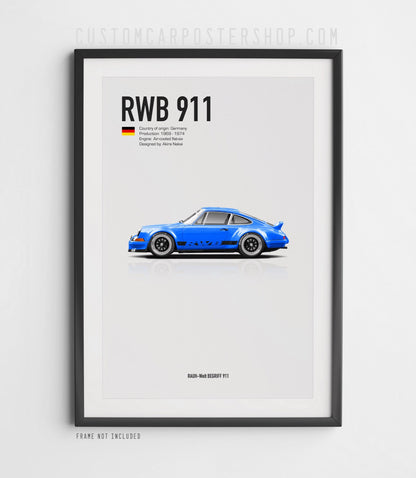 Blue RWB Porsche 911 Classic Long Hood Poster Framed Art