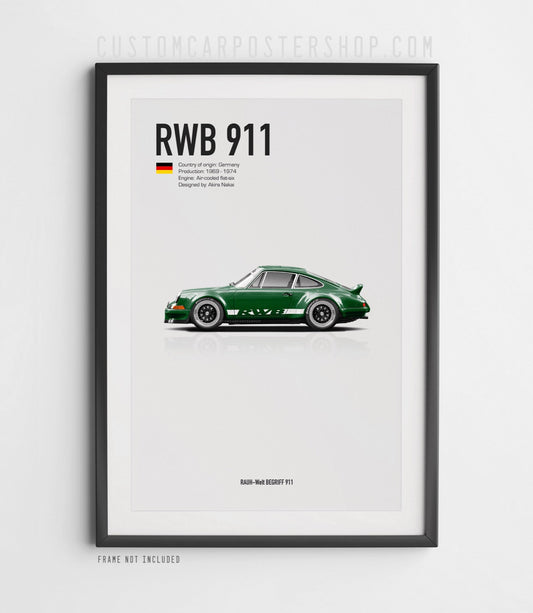 Green RWB Porsche 911 Classic Long Hood Poster Framed Art