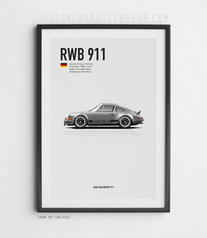 Grey RWB Porsche 911 Classic Long Hood Poster Framed Art