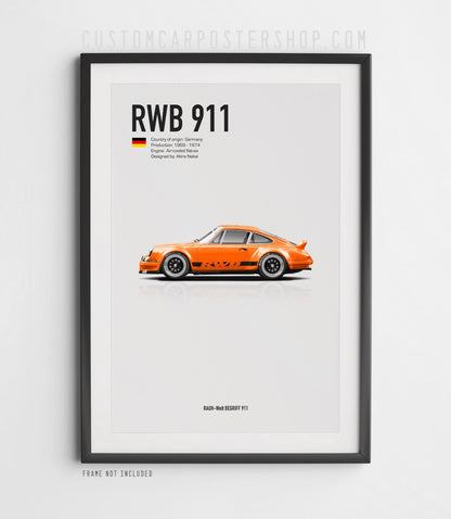 Orange RWB Porsche 911 Classic Long Hood Poster Framed Art