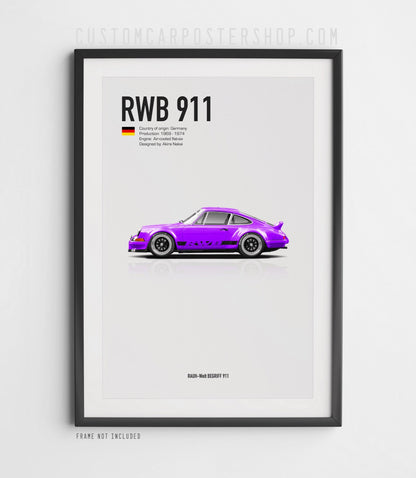 Purple RWB Porsche 911 Classic Long Hood Poster Framed Art