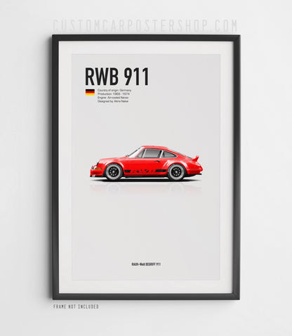 Red RWB Porsche 911 Classic Long Hood Poster Framed Art