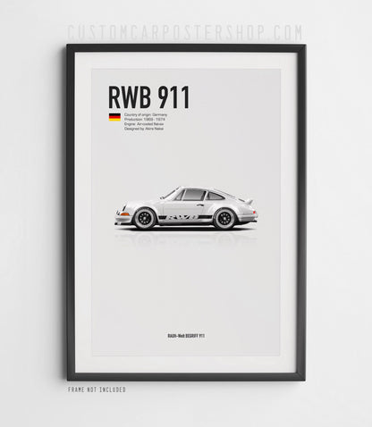 Silver RWB Porsche 911 Classic Long Hood Poster Framed Art