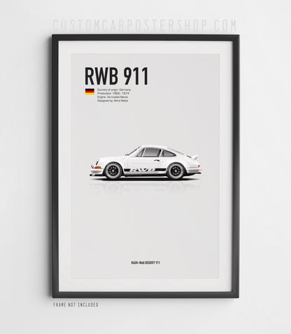 White RWB Porsche 911 Classic Long Hood Poster Framed Art