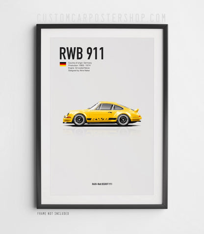 Yellow RWB Porsche 911 Classic Long Hood Poster Framed Art